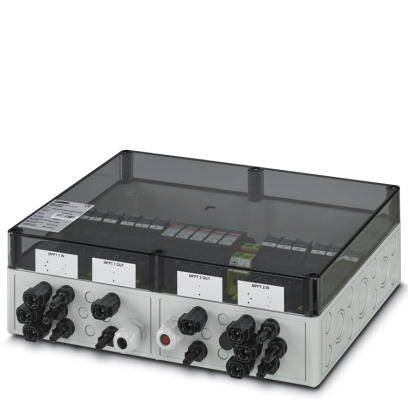 An electrical junction box with multiple cable connections and a transparent cover, suitable for industrial applications.