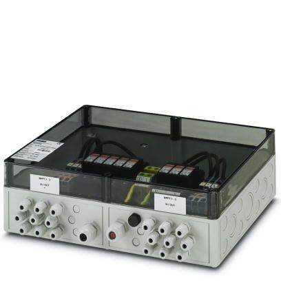 Control box with multiple connections and labels, viewed from above, potentially suitable for electrical or industrial applications.