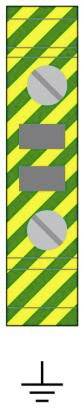 A rectangular sign with yellow-green stripes and three grey circles symbolises an earthing point. Beneath it is an earth symbol.