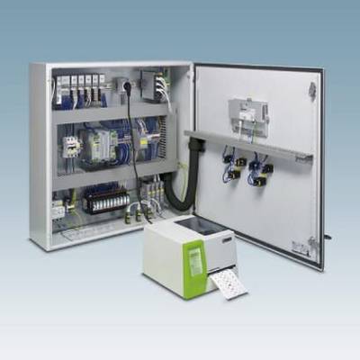 'Open electrical cabinet with electrical components and external label printer. Technical wiring visible.'