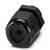 A black plastic cable gland adaptor, cylindrical in shape, with a ribbed upper section and a smooth front surface.