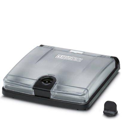 A semi-open, transparent CD or DVD storage case with a dark base and a locking mechanism.