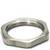 Metal hexagonal nut, silver-coloured and shiny, flat form, used for securing bolts to surfaces or components.