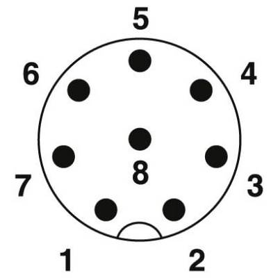 Circuit diagram of a round 8-pin DIN socket, numbered from 1 to 8. Points indicate the position of the connections.