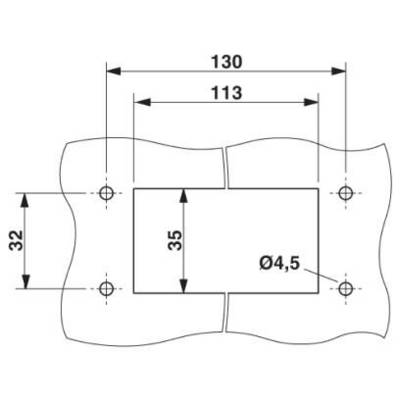 Technical drawing of a rectangular plate with wavy edges. Dimensions: 130 mm width, 113 mm internal width, 35 mm height, hole diameter 4.5 mm.