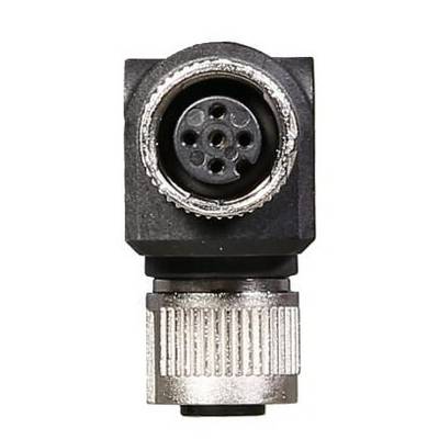 'Close-up of a rectangular black and silver electrical connector with round socket outlets and ribbed threading.'
