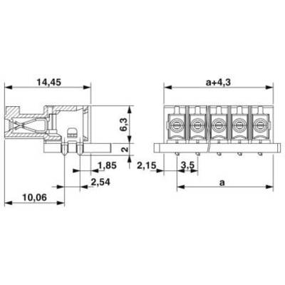 Technical drawing of a connector with dimensions: 14.45 mm, 10.06 mm, 6.3 mm and variable width 'a' plus 4.3 mm.