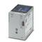 Industrial power supply unit with ventilation slots at the top and stickers displaying technical specifications on the sides.