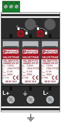 Figure of a surge protection device by the brand 'Phoenix Contact' with the designation 'VALVETRAB', used for overvoltage protection in photovoltaic systems.