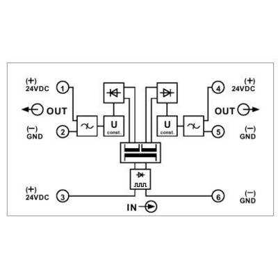 'Electronic circuit diagram of a four-way valve with two inputs and two outputs, showing connections and voltage constants.'