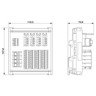 Technical drawing of an electrical control cabinet with dimensions: width 118.5 mm, height 127.8 mm, depth 70.8 mm.