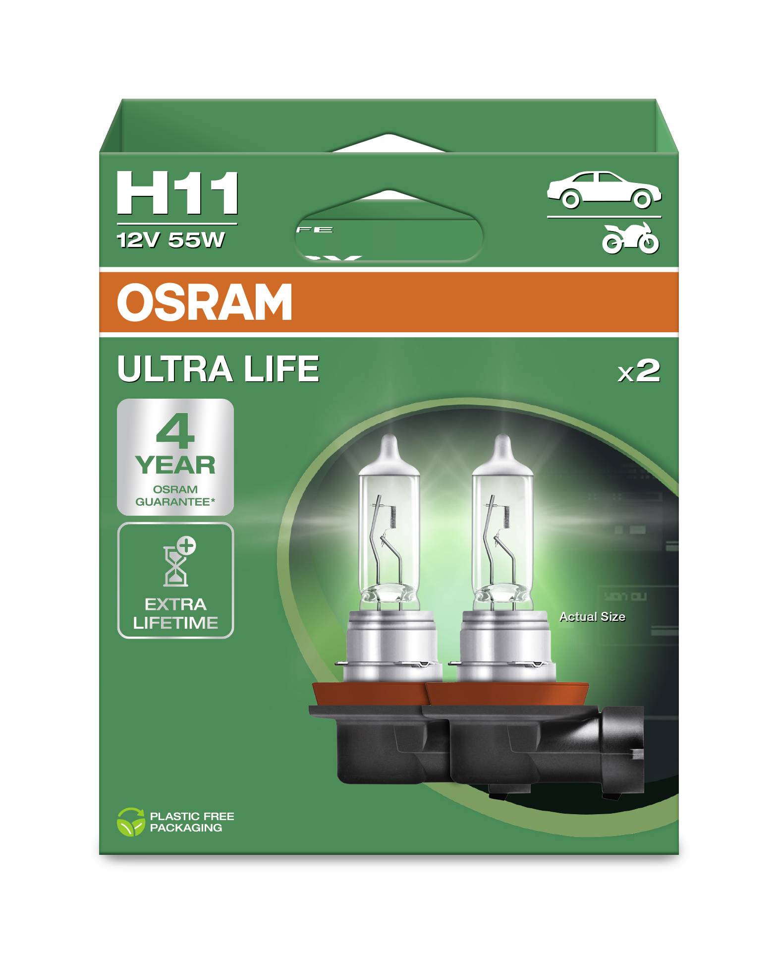 'OSRAM H11 ULTRA LIFE 12V 55W' Bulb Packaging. Two lamps, 4-year warranty, for cars and motorcycles. Plastic-free packaging.