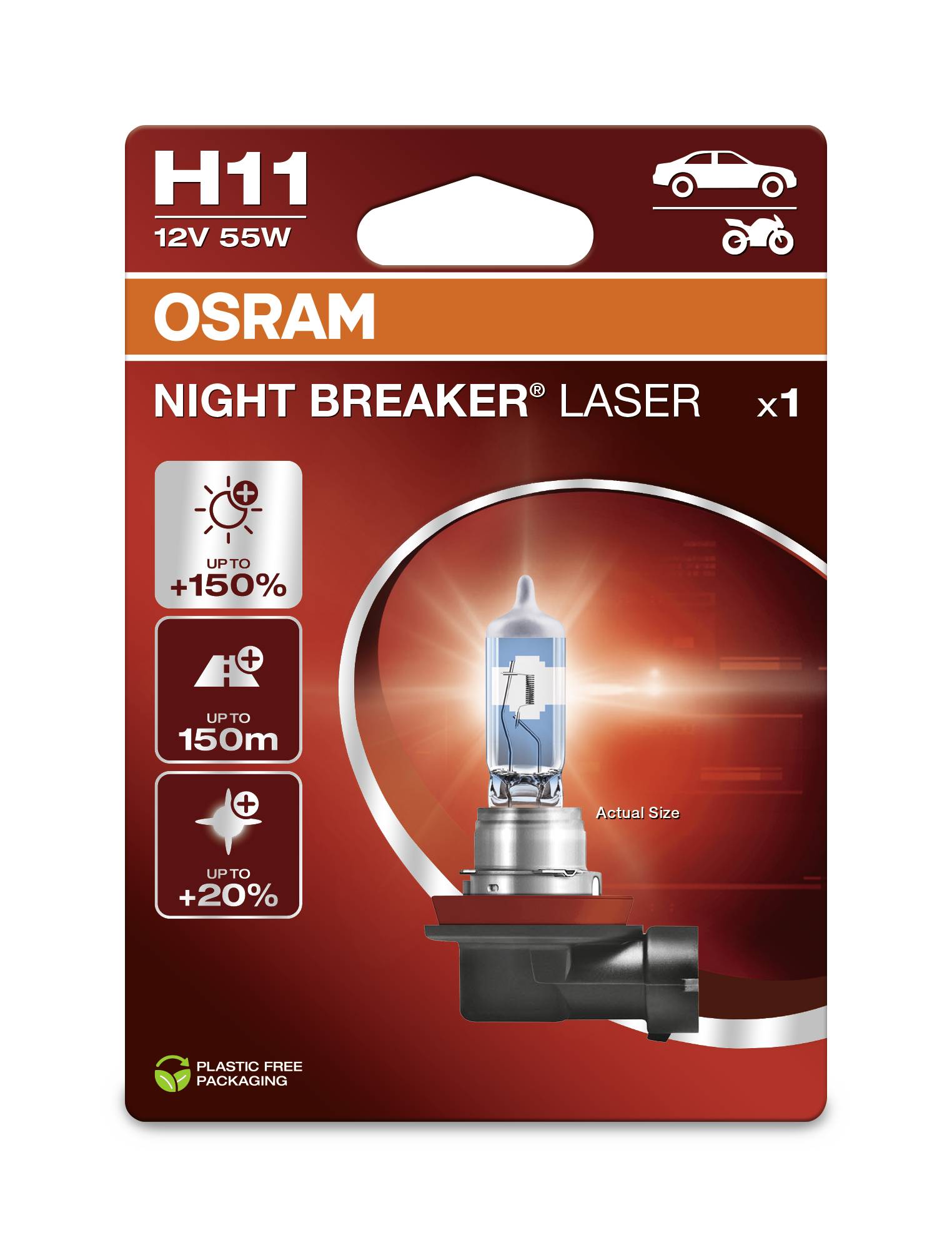 H11 12V 55W Halogen Lamp by Osram. 'Night Breaker Laser', 150% more brightness, up to 150m range, 20% whiter. Plastic-free packaging.