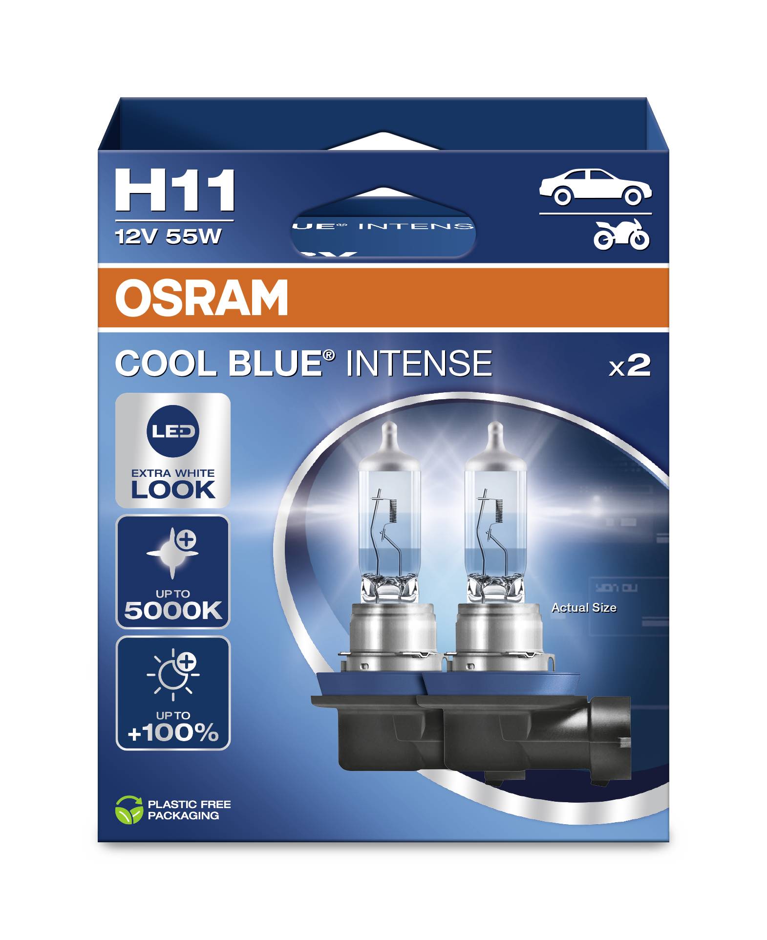 'OSRAM COOL BLUE INTENSE H11 12V 55W' Car Lamp Pack with two bulbs, promises up to 5000K extra white light, plastic-free packaging.
