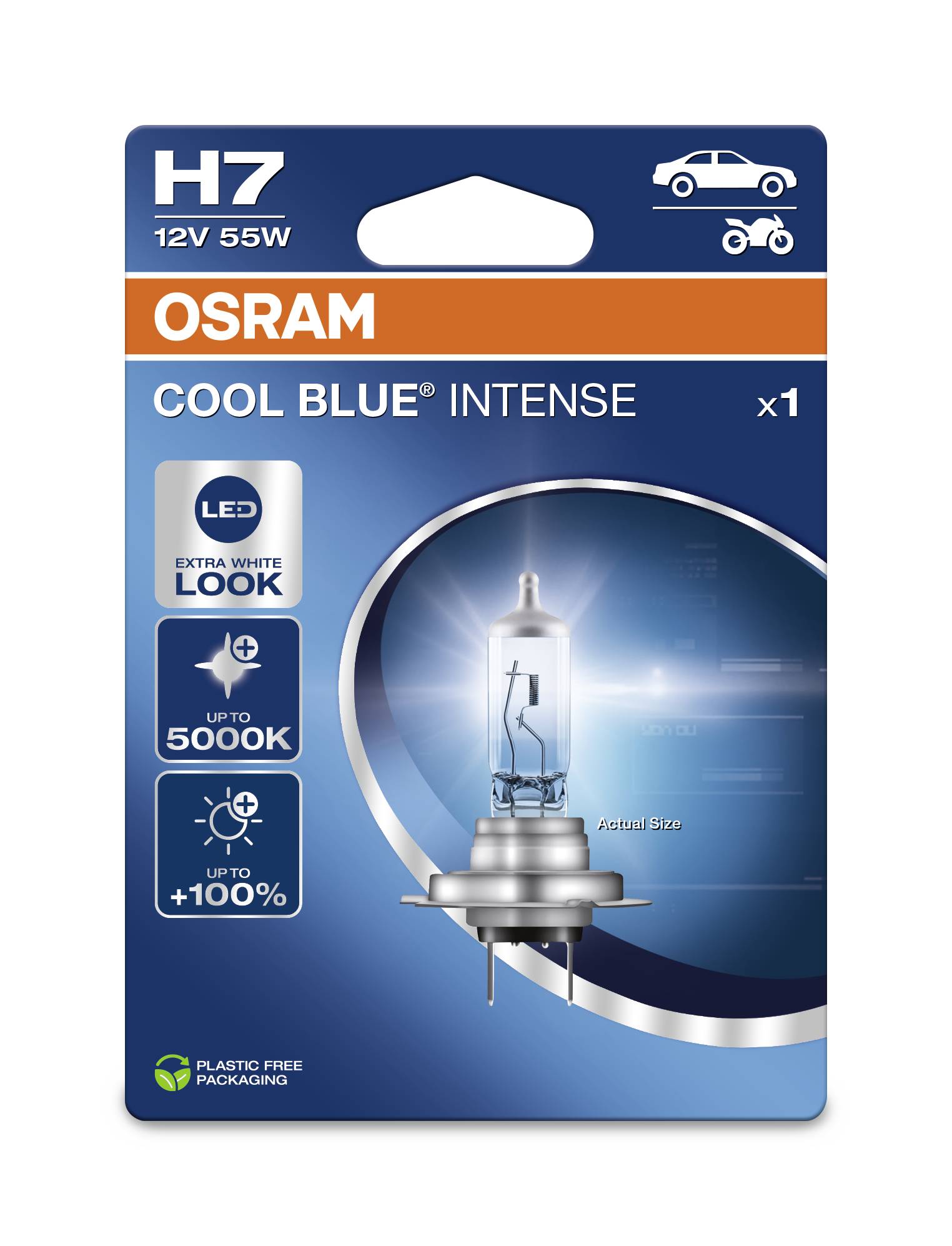 Packaging of an OSRAM 'Cool Blue Intense' H7 light bulb with specifications: 12V, 55W, extra white light up to 5000K, +100% brightness.