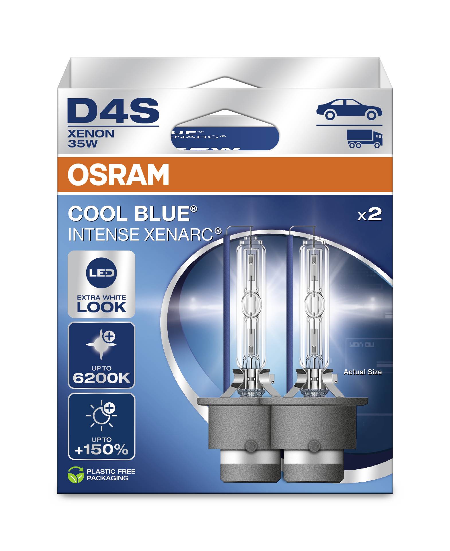 Two OSRAM Xenon lamps in blue packaging, model 'D4S 35W, Cool Blue Intense'. Specification: up to 6200K, +150% visibility.