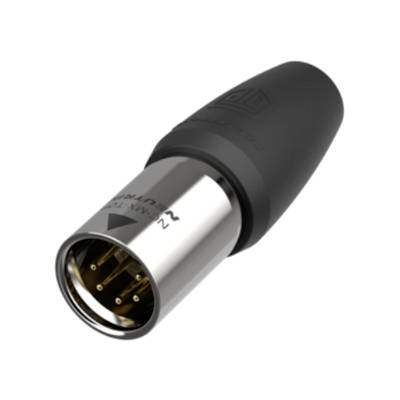 A silver XLR plug with a black housing and three visible pins, used for connecting audio devices.