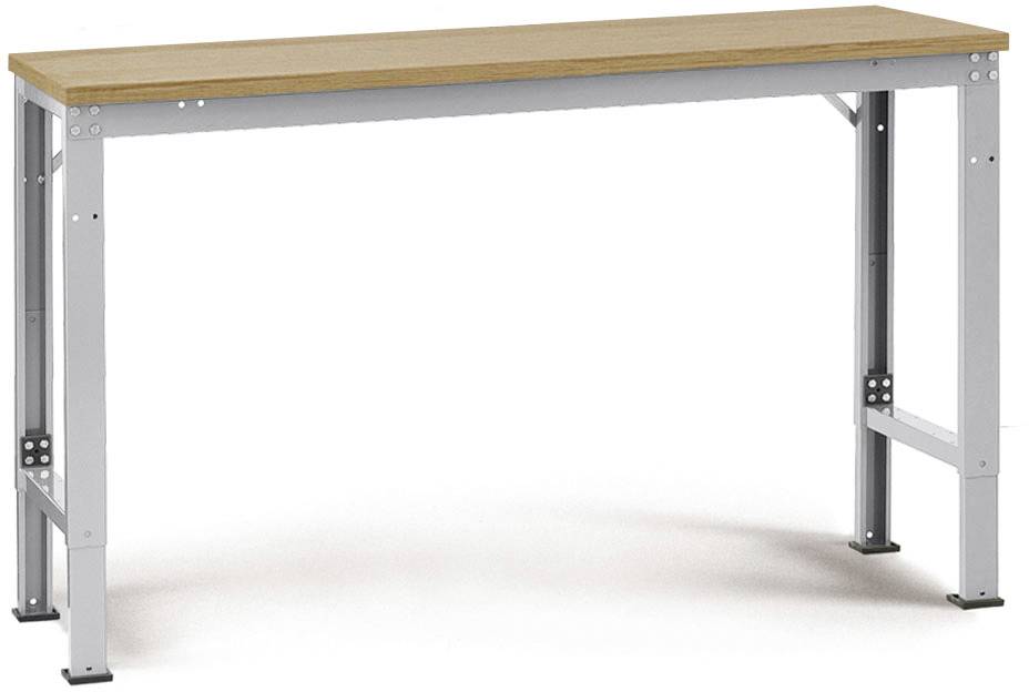 A table with metal legs and a wooden surface, which looks sturdy and functional. Suitable for workspaces or workshops.