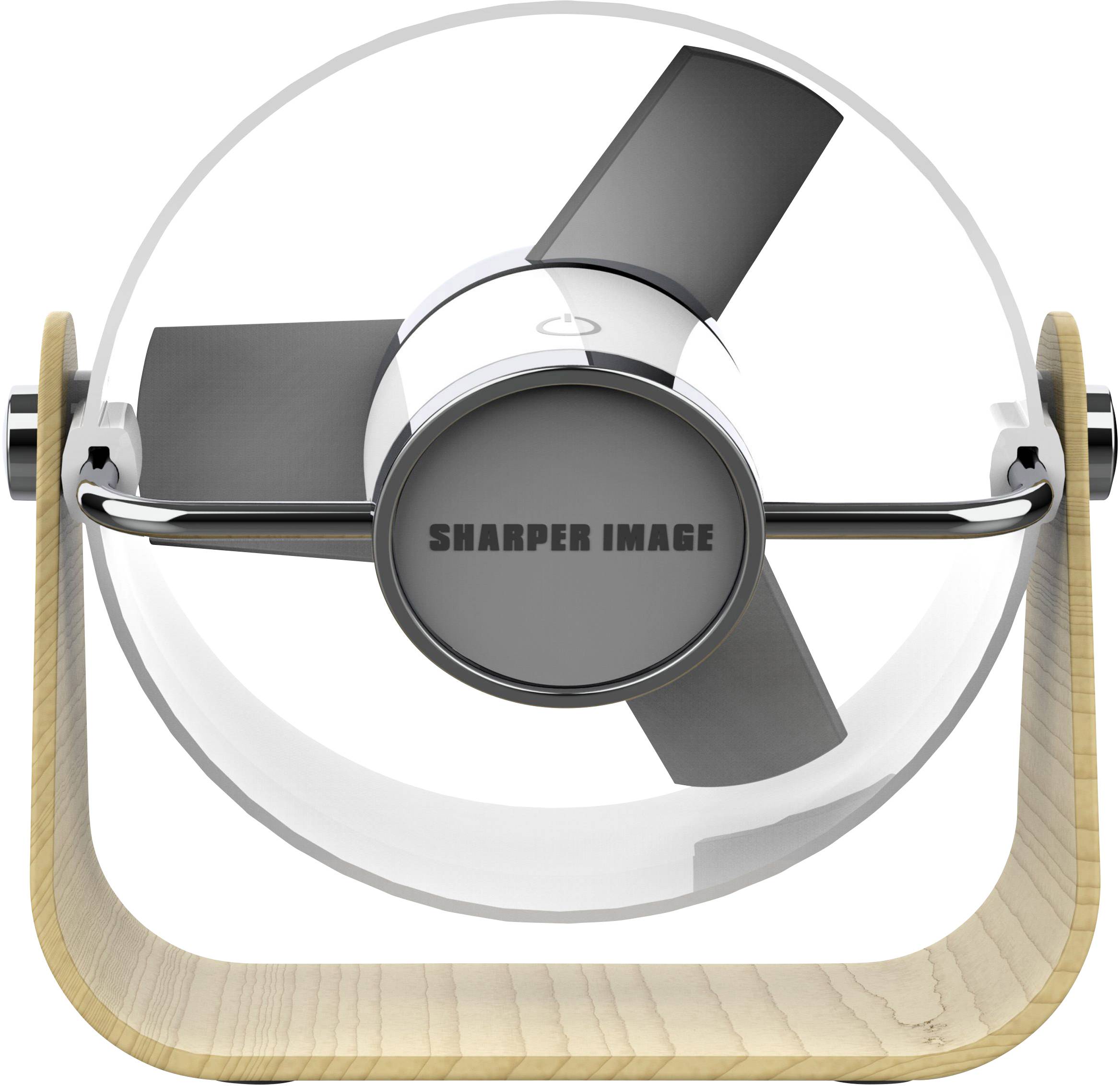Modern fan with a transparent casing, wooden base and the inscription 'SHARPER IMAGE' on the front.