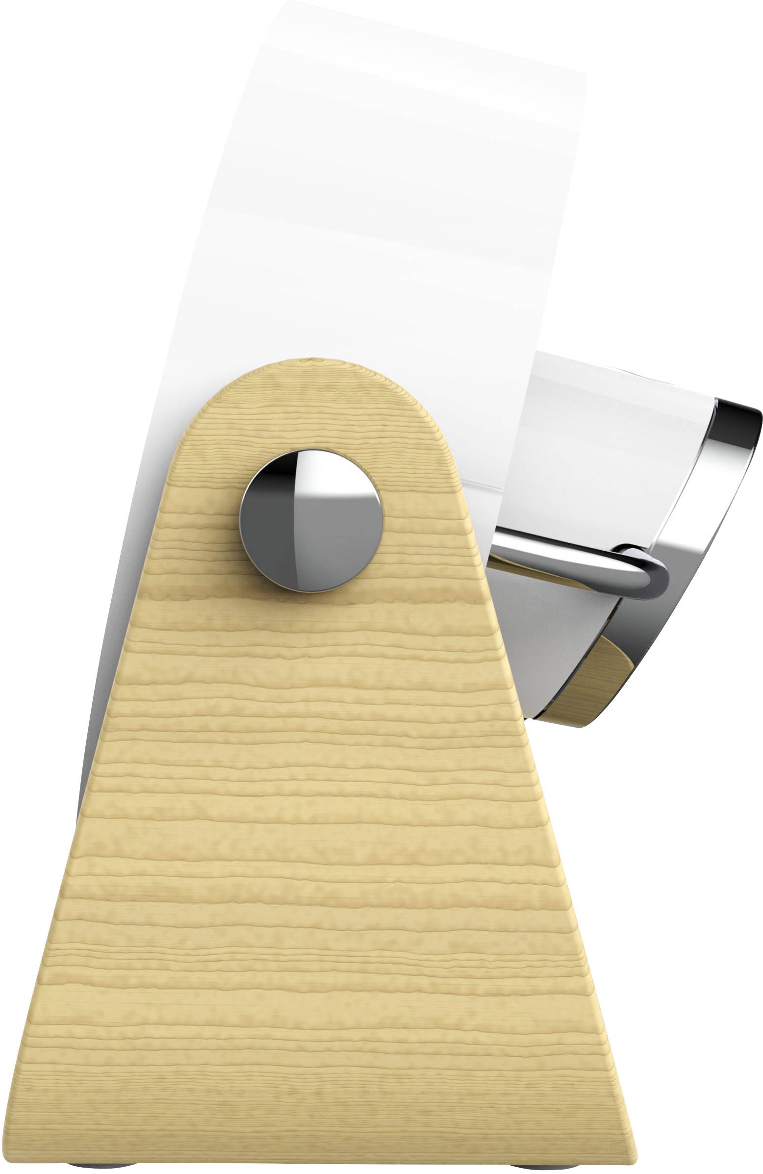 A wooden stand holds a white, round screen that is tilted to the side. The stand has a silver mount.