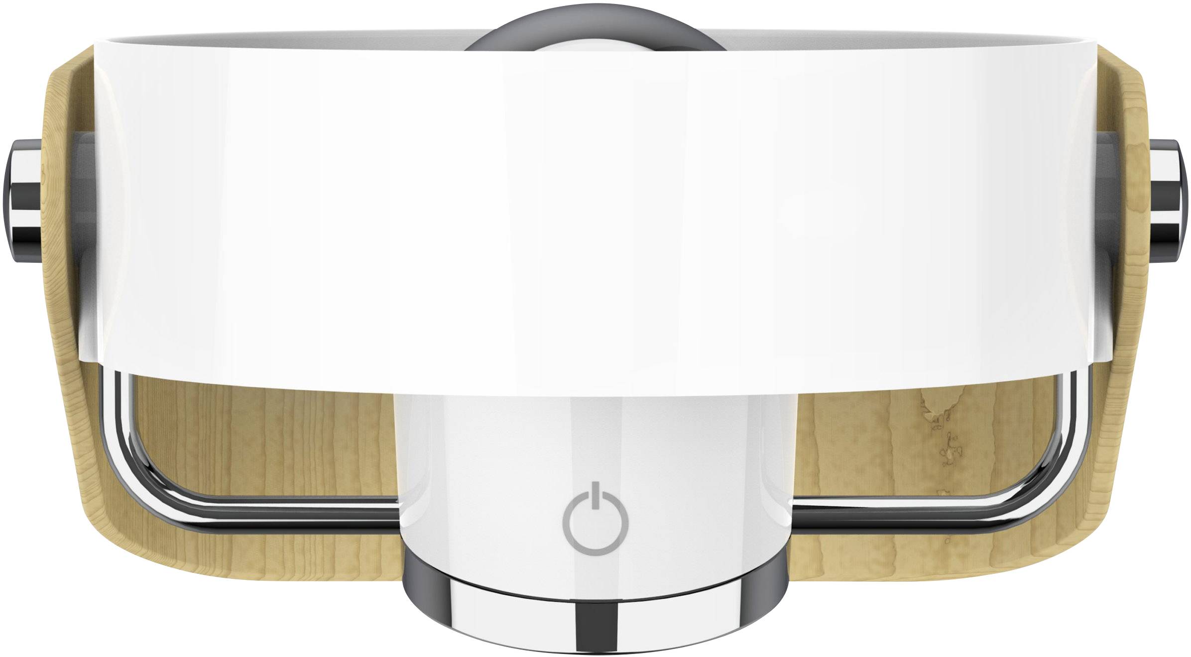 White, modern kitchen appliance with wooden elements, which is most likely a juicer or similar device.