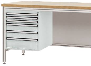 Steel workbench with a light blue drawer unit on the left side beneath the worktop. The drawers are closed.