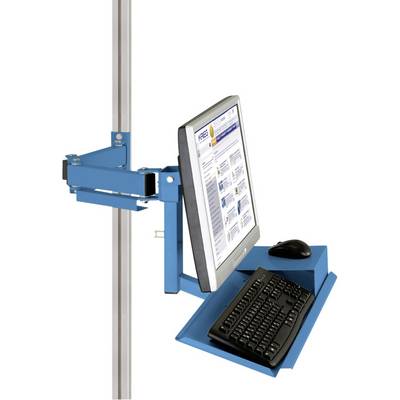 A blue computer holder with a screen, keyboard and mouse, mounted on a vertical rail, for flexible workplace design.