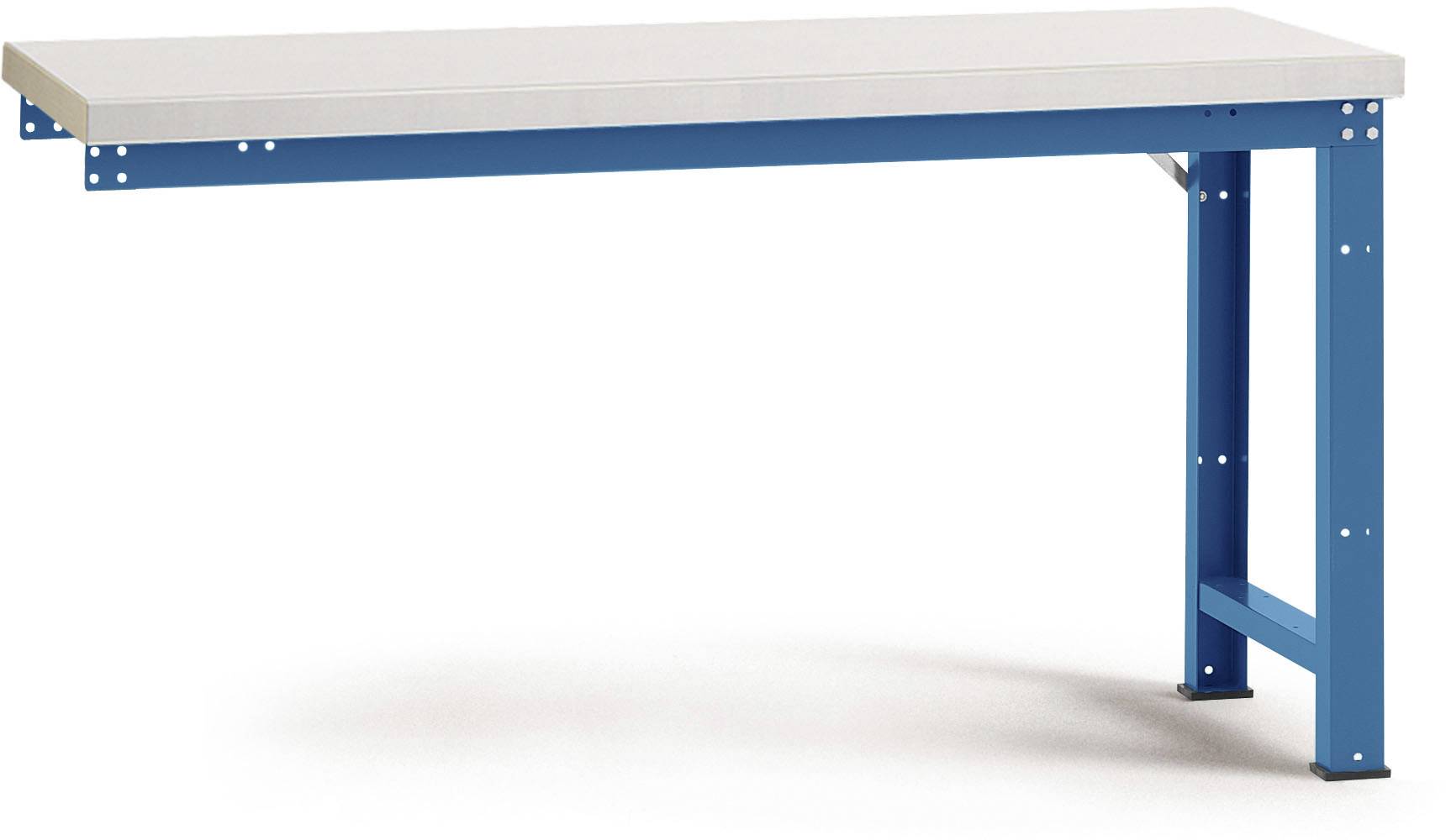 A sturdy blue table with a white tabletop and a metal frame, suitable for industrial or craft work.