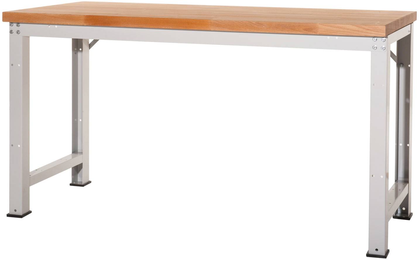 A sturdy workbench with metal legs and a wooden top, suitable for workshop or garage tasks.