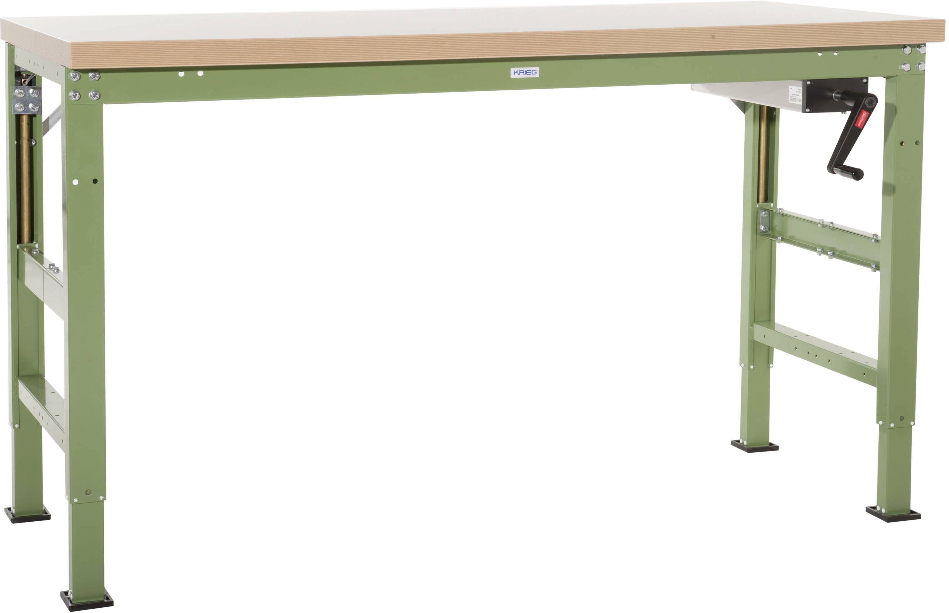 A height-adjustable, robust workbench with a green metal frame and wooden worktop, suitable for workshop tasks.