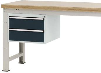 A wooden table with a metal frame and two integrated dark green drawers on the left side.
