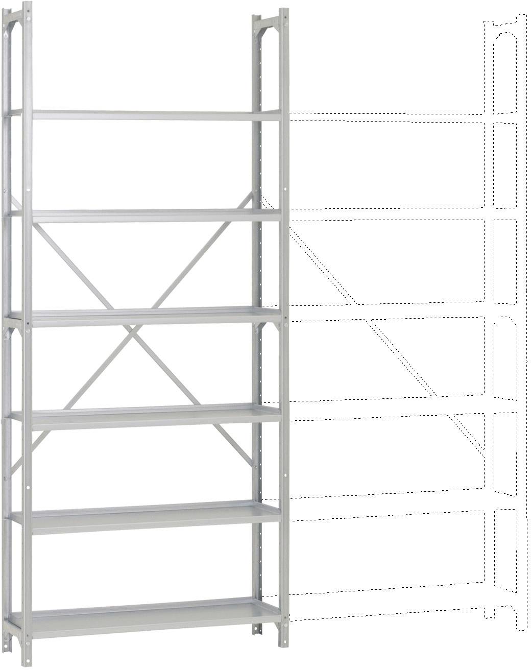 Sturdy metal shelving unit with five levels; space for expansion available on the right-hand side. Suitable for storage in workshop or warehouse.