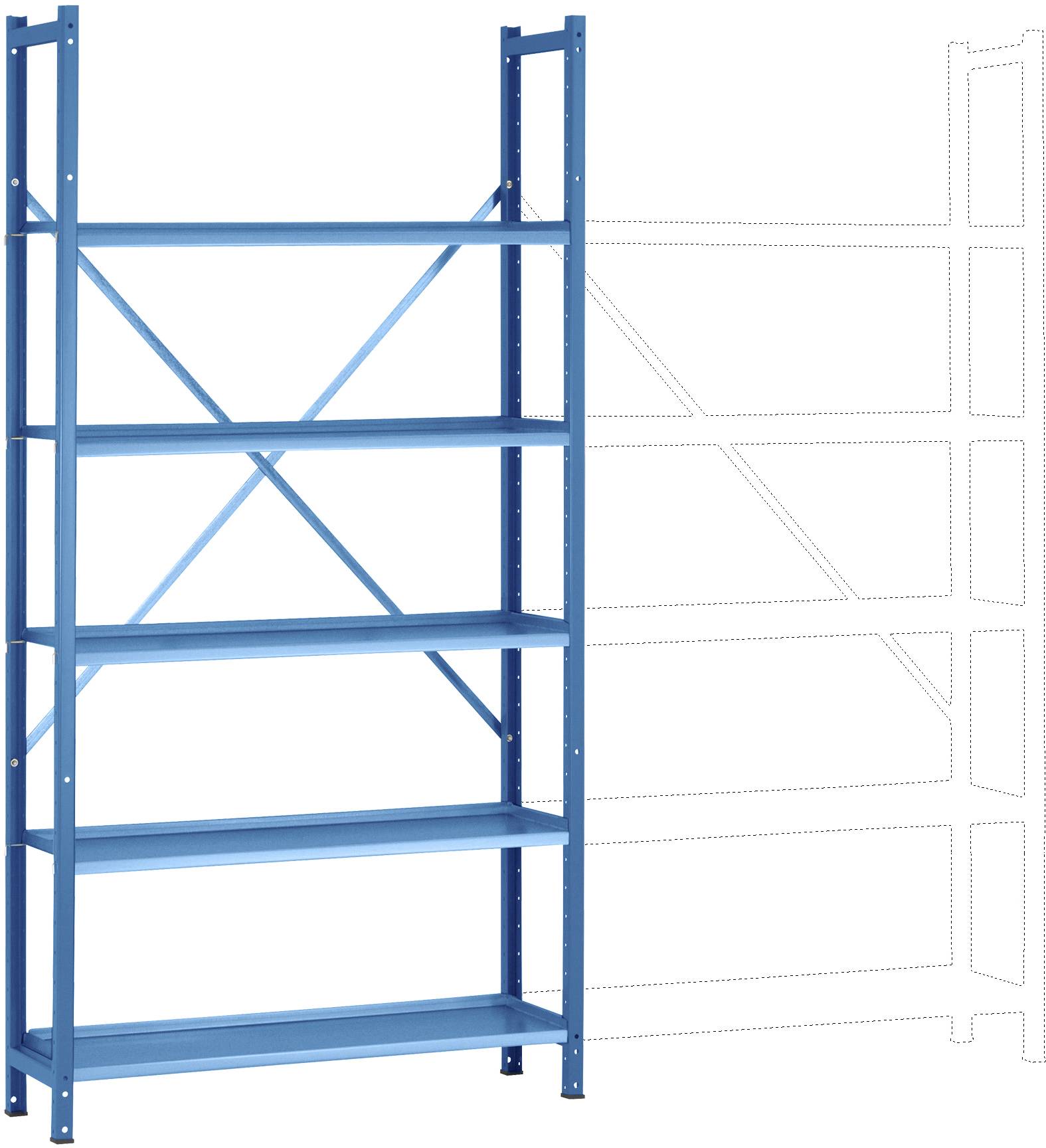 Blue metal shelving unit with five adjustable shelves, suitable for storage in garages or workshops.