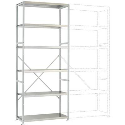 Metal shelving unit with five shelves. Dotted outlines of an additional shelf unit for expansion are indicated beside the shelving.