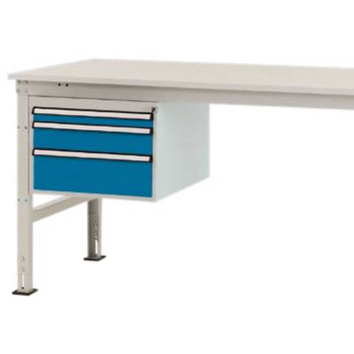 A white table with a blue drawer unit underneath, suitable for office or workshop use.