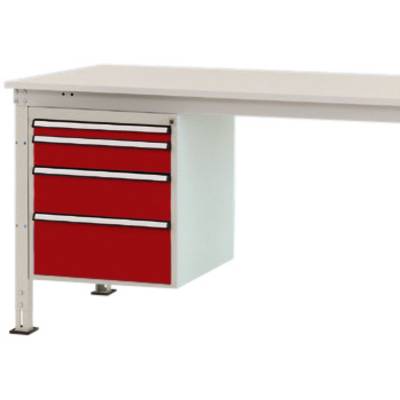 A white desk with a red three-drawer unit on the left-hand side.