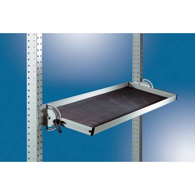 Metallic shelving unit with adjustable shelf, mounted on two perforated rails against a blue background.