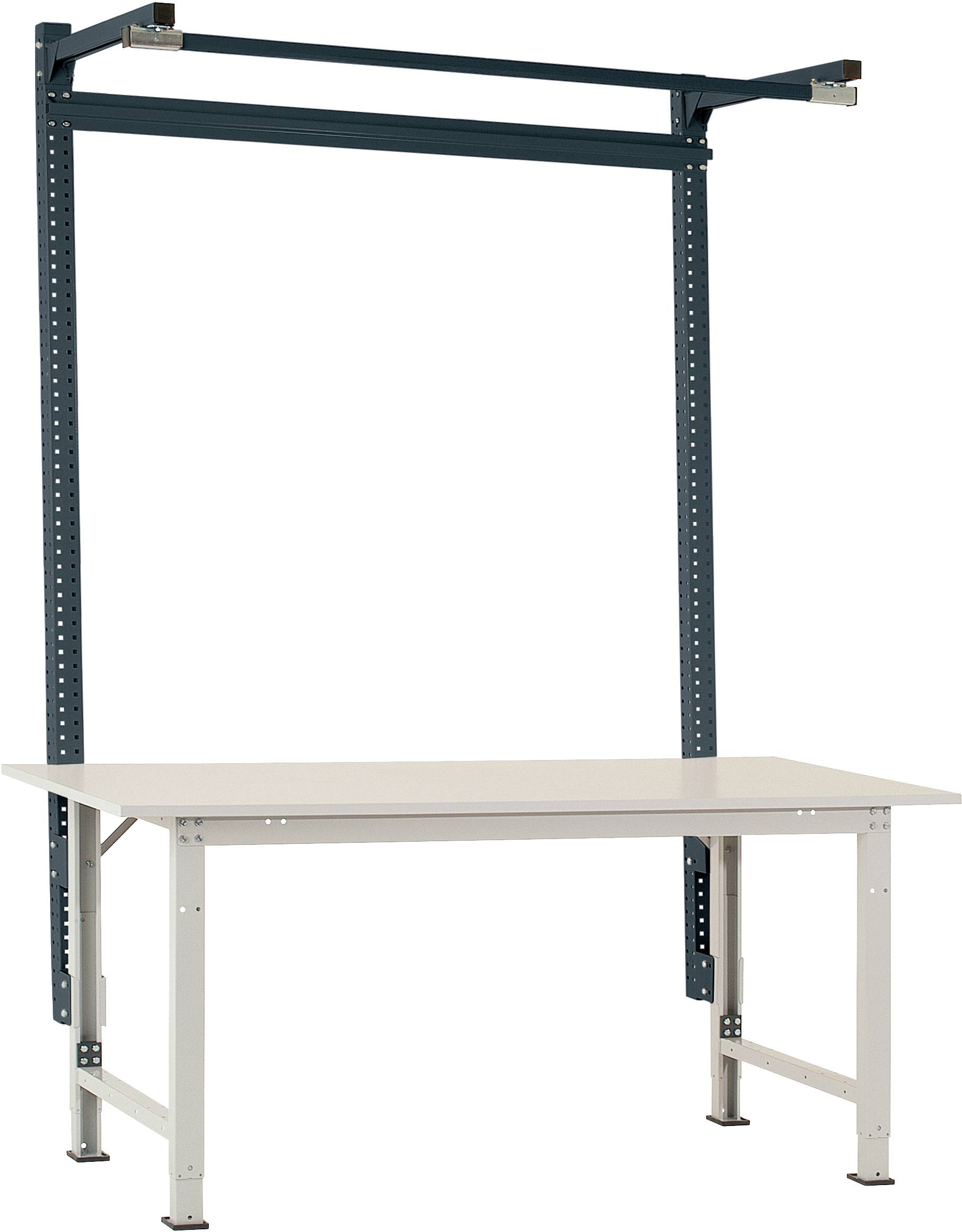 Height-adjustable work table with metal frame and light-coloured worktop, suitable for workshop or laboratory environments.