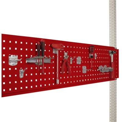 Red tool wall with various hand tools such as screwdrivers and pliers neatly hung up.
