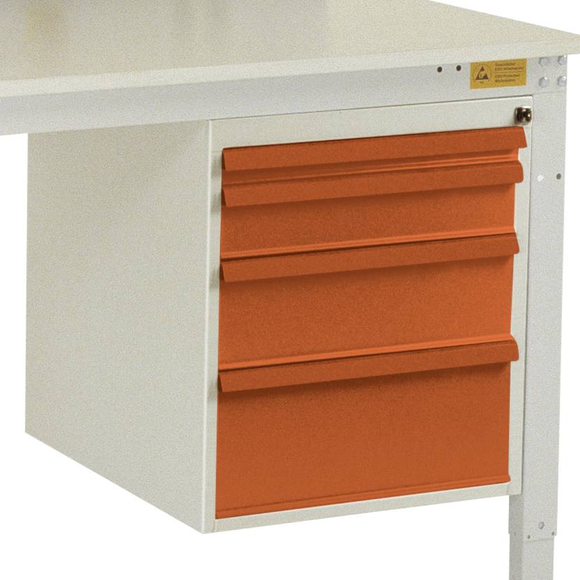A white table with three red drawers underneath, showcasing robust design. Ideal for workspaces with a focus on storage.