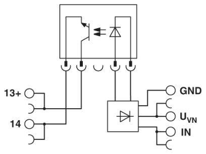 Circuit diagram of an electronic component with symbolic representations of diodes, transistors and connections for GND, UVN and IN.