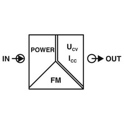 Block diagram of an amplifier with input (IN) and output signal (OUT), as well as sections for 'Power', 'FM' and voltage ('Ucv', 'Icc').