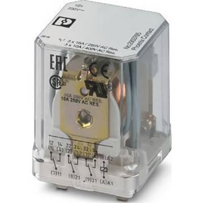 A transparent relay with multiple terminals and technical specifications printed on it. Primarily for electrical applications.