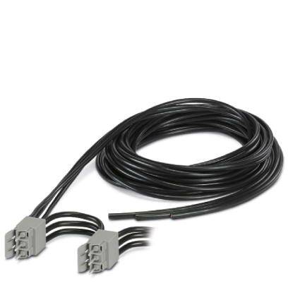 Two grey cables with connectors, coiled and ready for use, ideal for industrial wiring.
