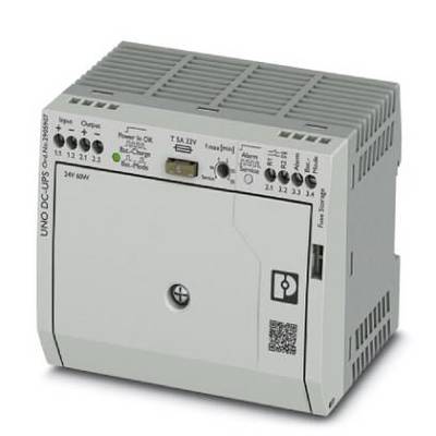 Industrial DC UPS module with LED indicators and connection terminals, Model: UNO DC-UPS. Display elements for battery status and alarm.