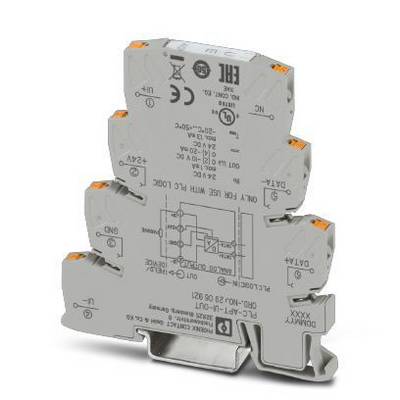 A grey electrical relay module with multiple terminal blocks and markings, which can be mounted on a DIN rail.