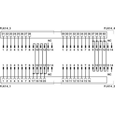 Diagram of a relay layout with pin connections marked from 1 to 28 on the left and 29 to 42 on the right. Connections and 'NC' markings indicate connection points.