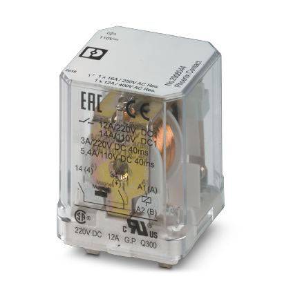 Relay with transparent cover, showing copper coil inside. Markings with technical specifications, such as voltage and current rating.