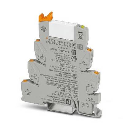 A grey electronic component with connection terminals and orange levers, used in electronic circuits.