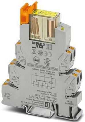 A grey relay with multiple terminals and an orange lever, used for electrical connections in control systems.